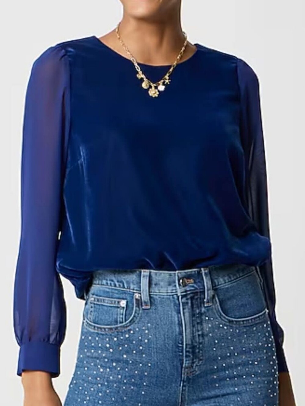 J Crew Velvet puff sleeve top Fairmont Blue XL